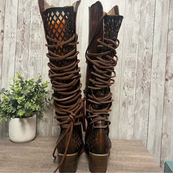 Freebird Steven Carver Tan Lace Up Leather Knee High Boots Coachella Festival 6 - Picture 6 of 9